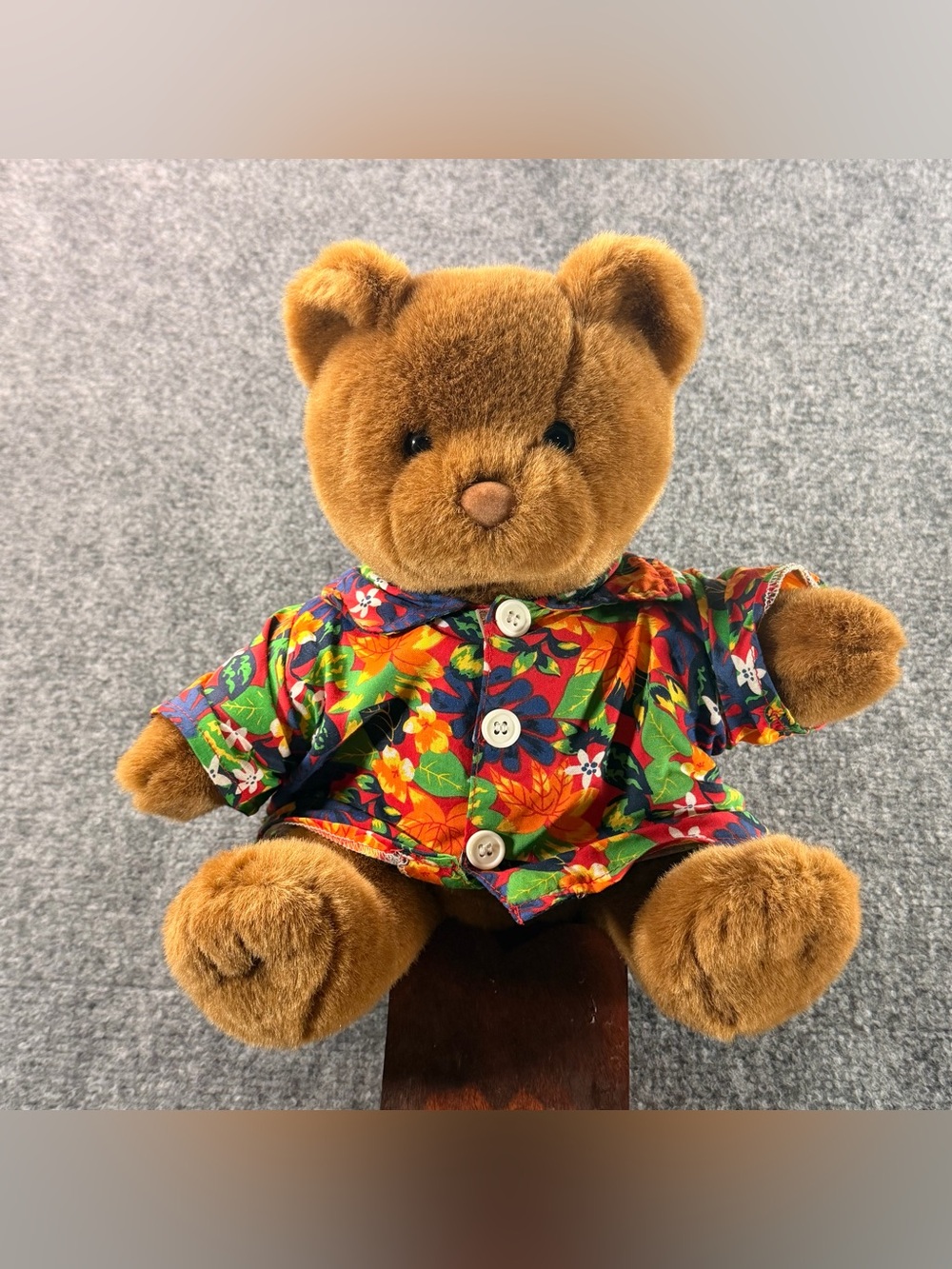 Vintage 1990s Build-A-Bear Workshop Brown Teddy Bear Floral Hawaiian Shirt Plush